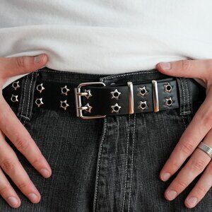 y2k star grommet black double hole belt — punk scene emo style